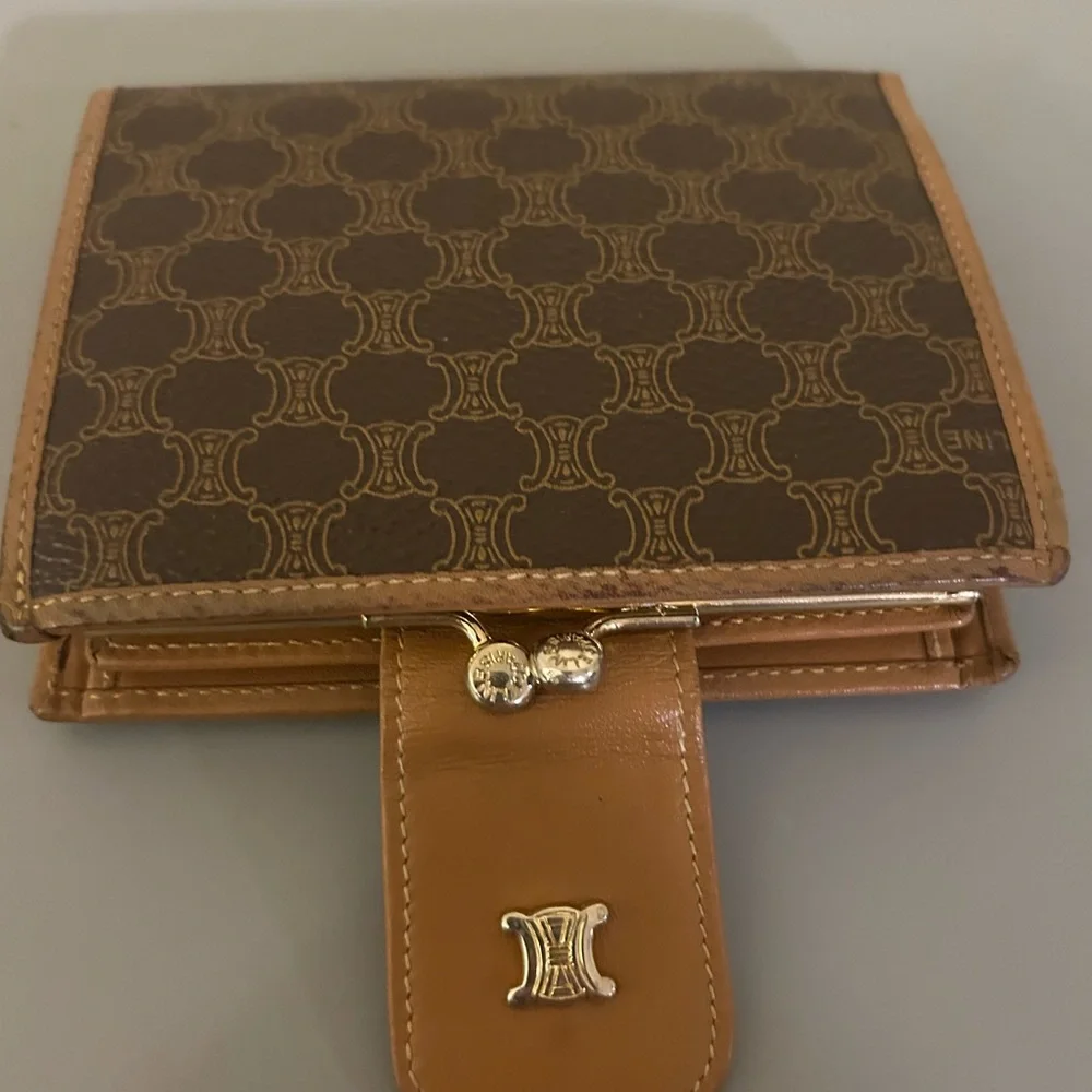 Authentic Celine Compact Kisslock Wallet, Vintage, Light Cognac Leather Trim